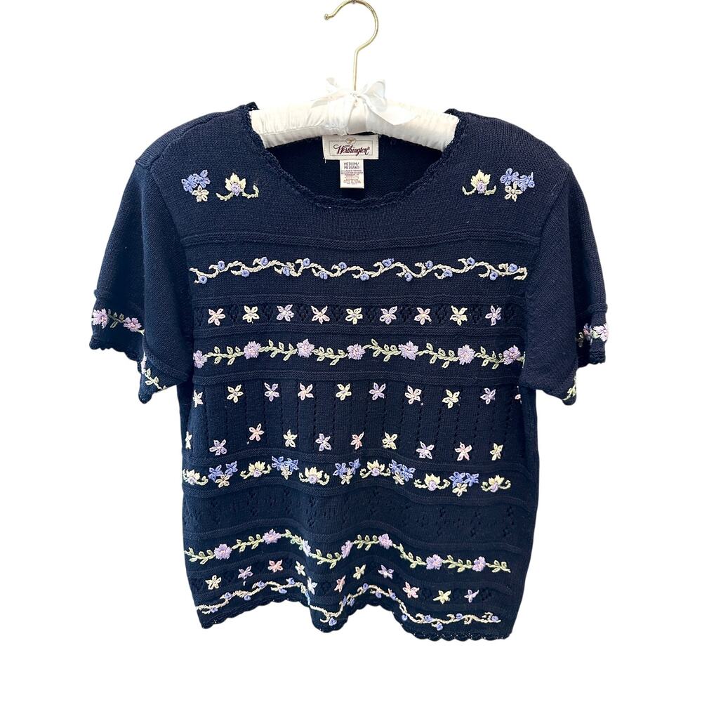 WORTHINGTON | Navy Floral Embroidered Vintage Cottagecore Sweater | Medium